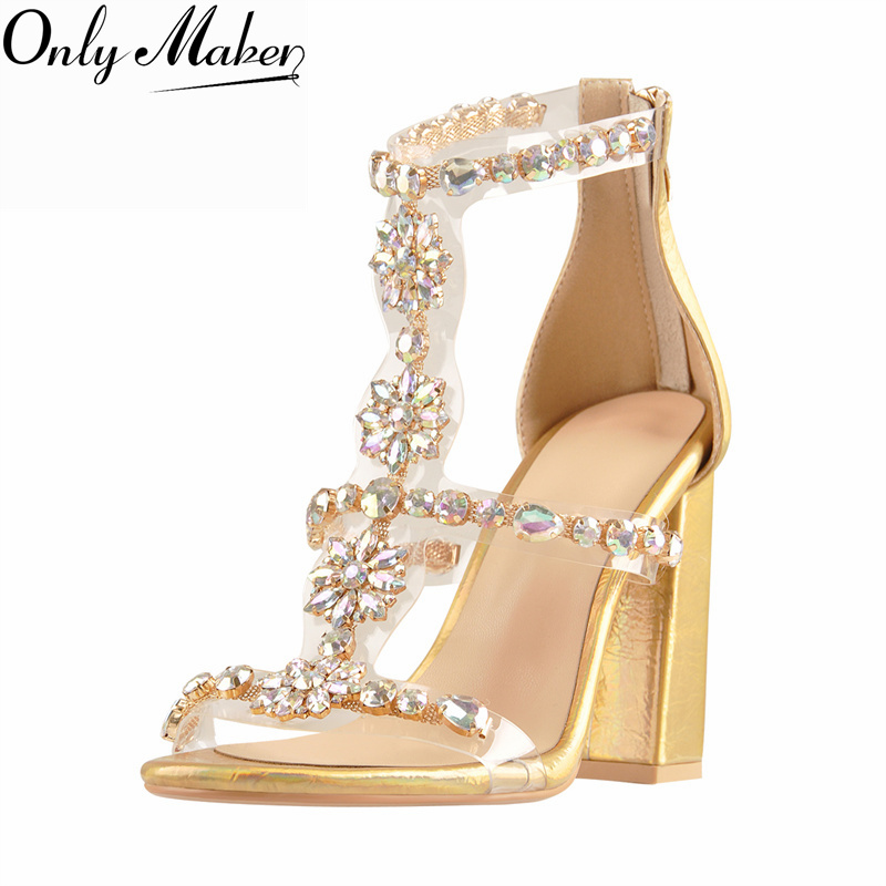 Clear Strap Heel - Onlymaker Sandal Gladiator Berlian Imitasi Emas