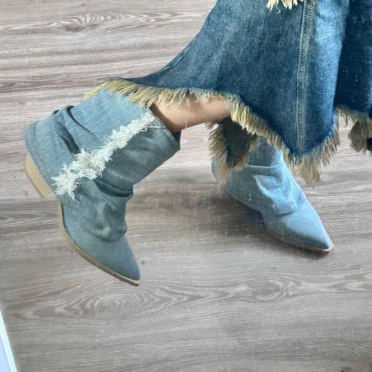 Women Shoes Jeans - Bot pendek Denim berlipat wanita 2023
