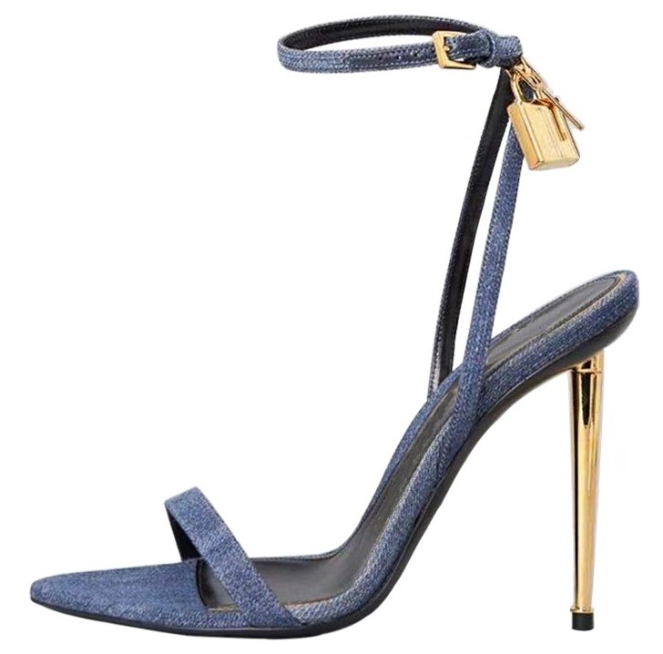 Women Shoes Jeans - Sandal hak tinggi bertali kunci emas