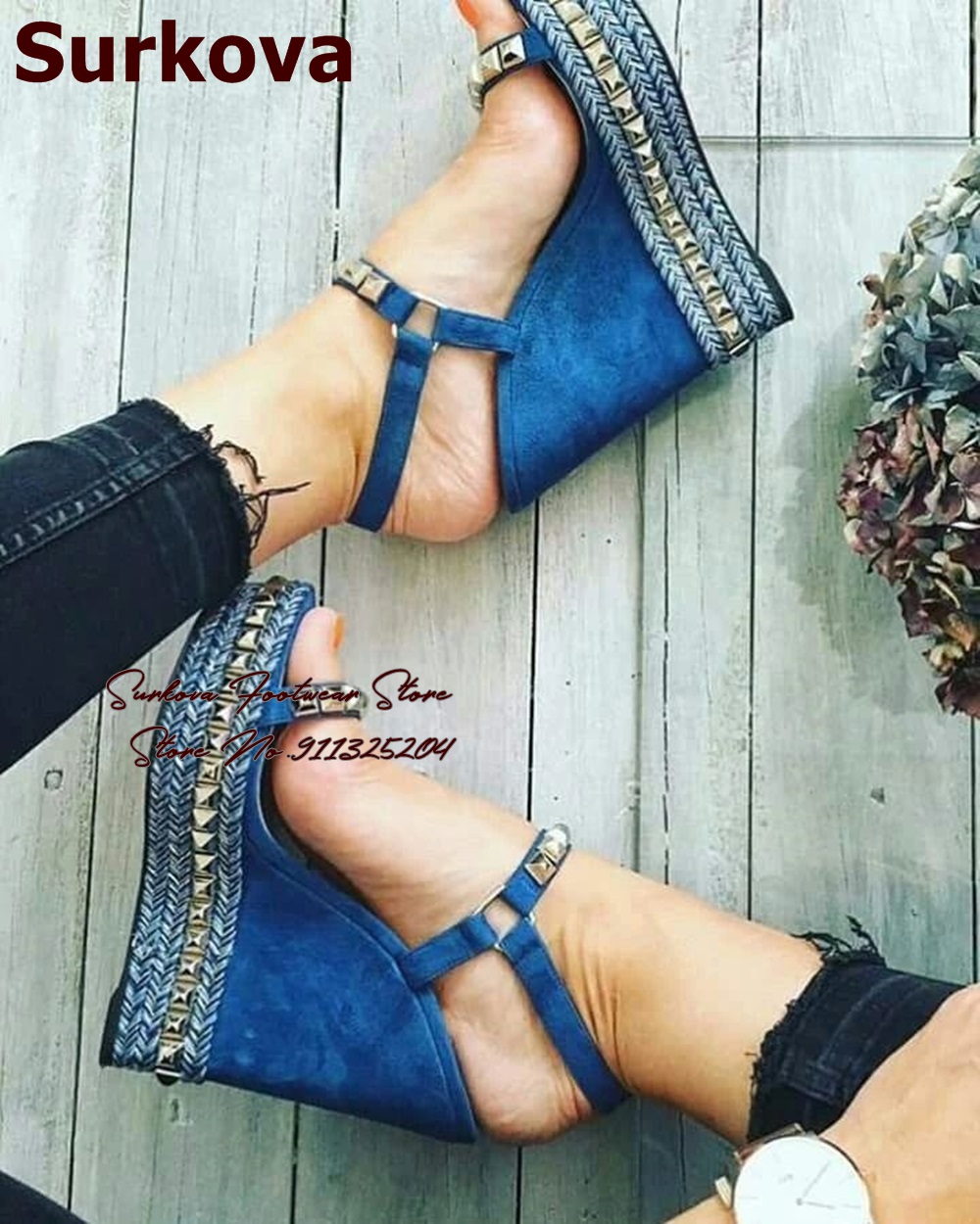 Women Shoes Jeans - Surzzo biru Denim Wedge tumit emas