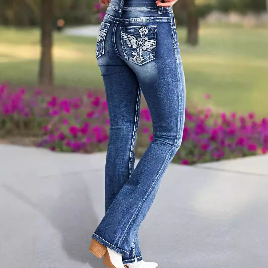 Women Shoes Jeans - Jeans Potongan Boot Bordir Pinggang Tinggi